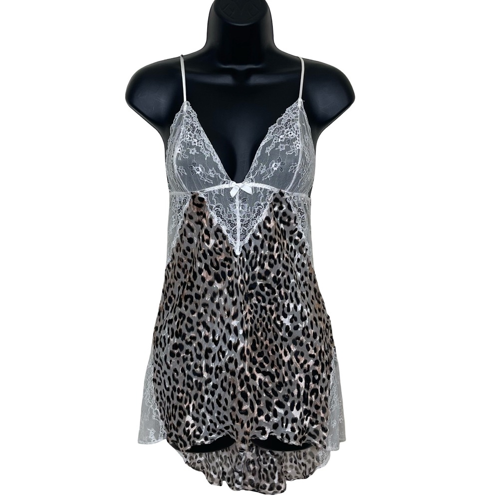 Victorias Secret Silk Leopard‎ Print Lace Trim Babydoll Chemise Sheer Women's S